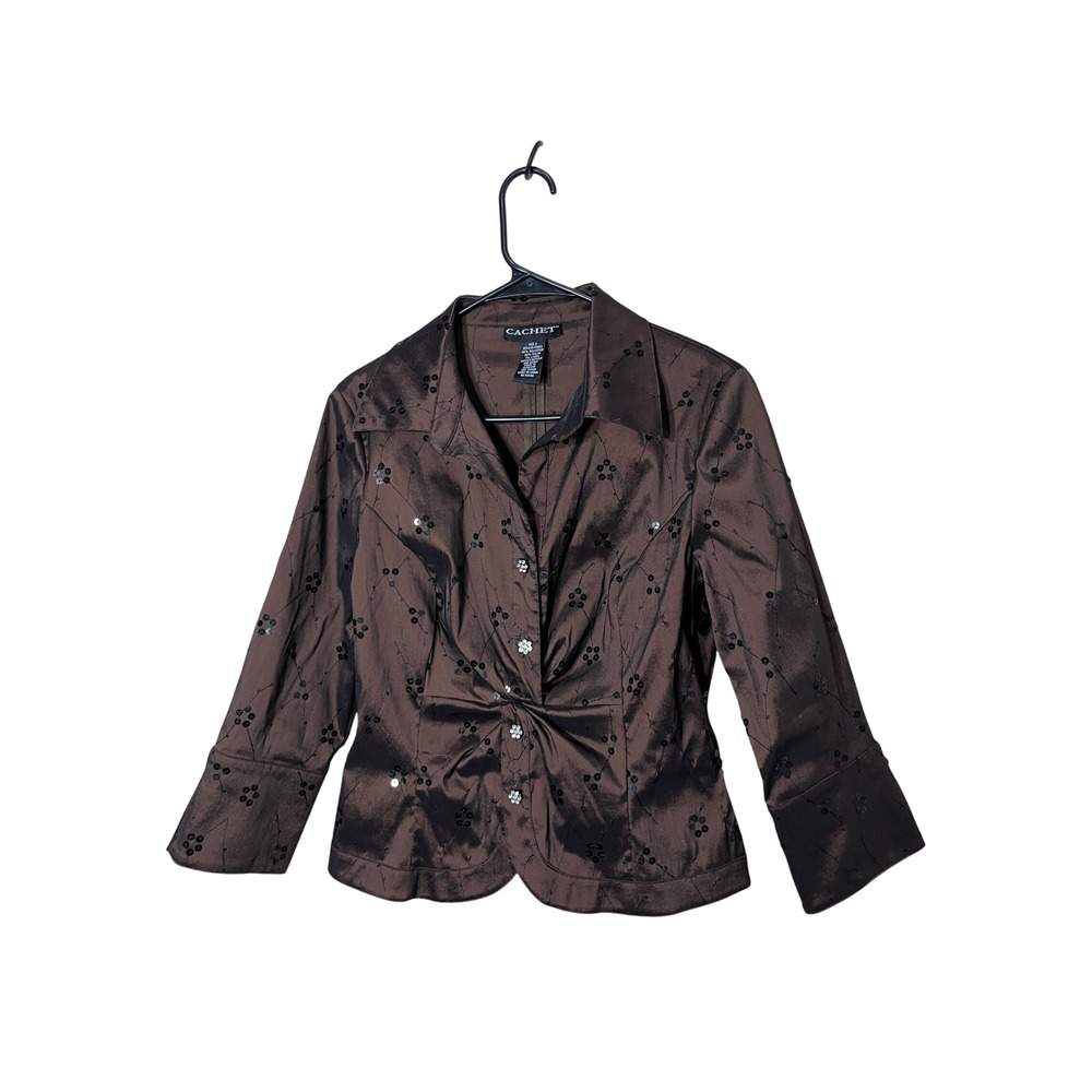 Vintage‎ Cachet Womens Brown Sequins Floral Twist Front Blazer Jacket Size 8